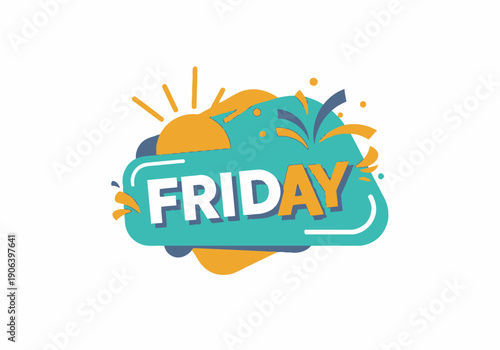 Happy Friday graphic with sunburst and confetti, celebrating the end of the work week