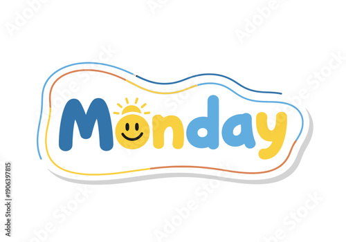 Fun Monday morning greeting with a smiley sun and colorful wavy border, perfect for daily planning and positive vibes