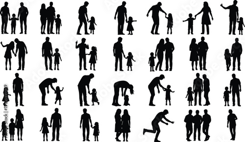 Silhouette illustration of family interactions, adults and children bonding through walking, playing and talking, black and white vector artwork, parenting and care themed design