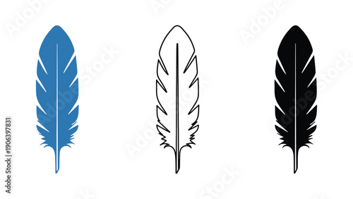 Three feathers in blue, outline, and black are displayed.