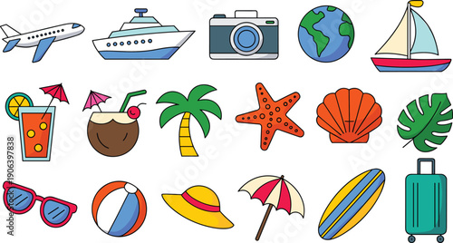 Summer travel and vacation icons vector illustration set featuring airplane cruise camera beach elements tourism holiday symbols isolated on white background