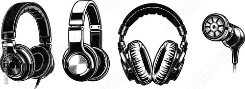 Silhouette illustration of headphones and earphones, four audio devices including three over-ear designs and one in-ear style, black and white vector artwork, music and sound themed design