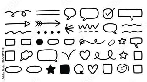 Hand-Drawn Scribble Doodle Design Elements vector set, versatile collection of arrows, stars, checkmarks, speech bubbles