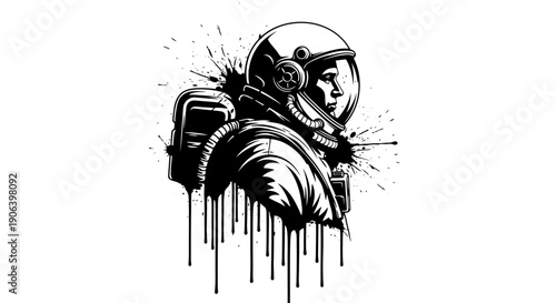 Gritty black and white illustration of an astronaut in a helmet with ink splatters and drip effects, looking to the right.