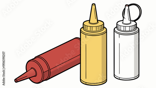 A vector graphic illustration of three squeeze bottles for condiments