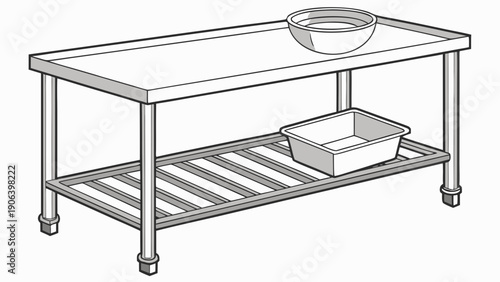A stainless steel kitchen island with a bowl and a storage container