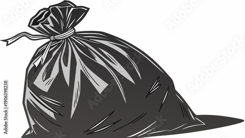 A black trash bag icon in a minimalist flat design style