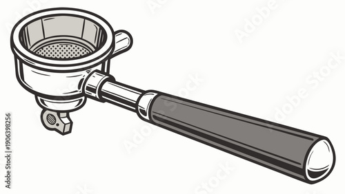 A vector graphic illustration of a portafilter, a coffee brewing device used in espresso machines.