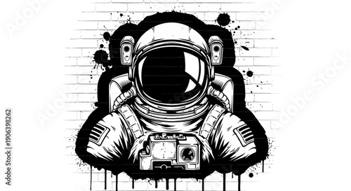 Black and white graffiti-style illustration of an astronaut's helmet and upper body with paint splatters and drips on a brick wall background.