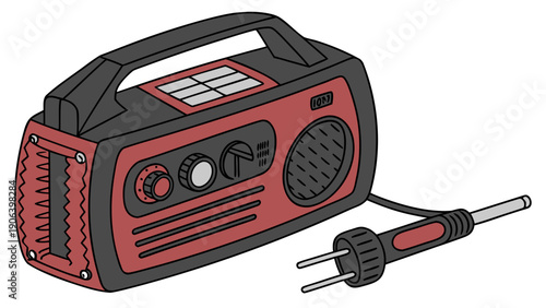 A vector graphic illustration of a red and black portable radio with a power plug