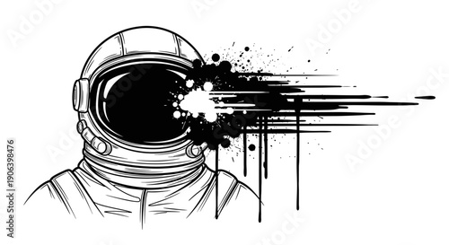 Detailed black and white line art illustration of an astronaut's helmet with a dynamic ink splatter effect emanating from the visor.