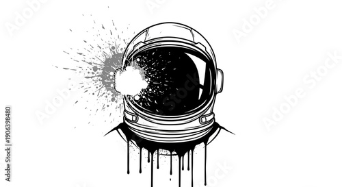 Grungy black and white illustration of an astronaut helmet with paint splatters and drips, artistic space exploration concept.