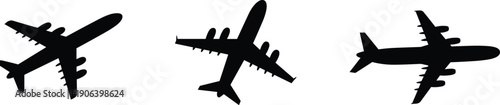 Airplane silhouettes vector illustration set showing commercial passenger aircraft flying views for aviation travel transport design isolated on white background