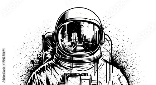 Gritty black and white illustration of an astronaut in a space suit with a reflective visor and abstract splatter effects.