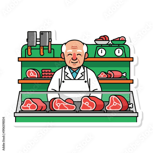 A butcher standing behind a display case with various cuts of meat