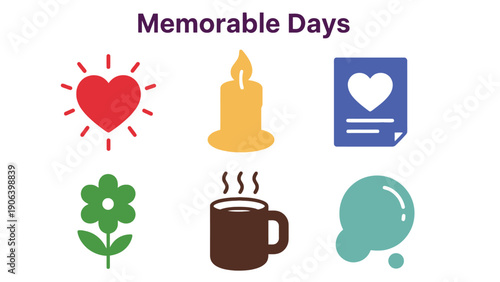 Memorable days icon set with heart, candle, and flower on transparent background
