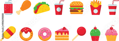 Fast food and dessert icons vector illustration set featuring burger fries drinks donuts ice cream sweets snacks isolated on white background