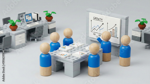 Team of Toy Figures Brainstorming in a Modular Office