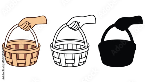 A hand holds a woven basket in three different styles.
