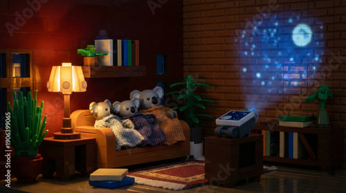 Toy Family Watching a Projector in a Brick Living Room