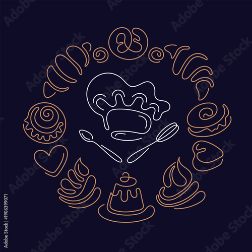 Bakery food emblem with hand drawn one line cake