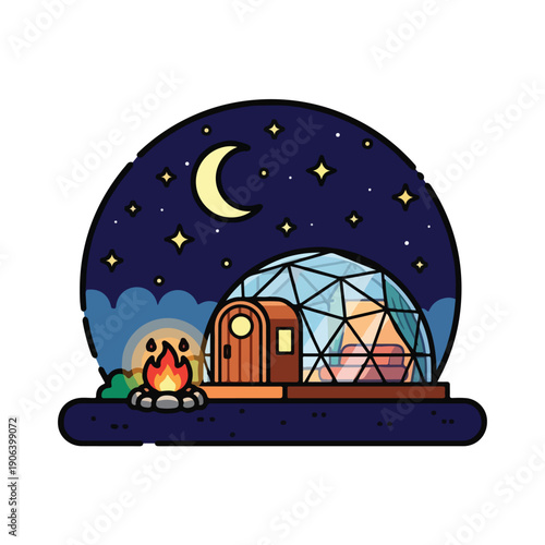 A cartoon geodesic dome at night
