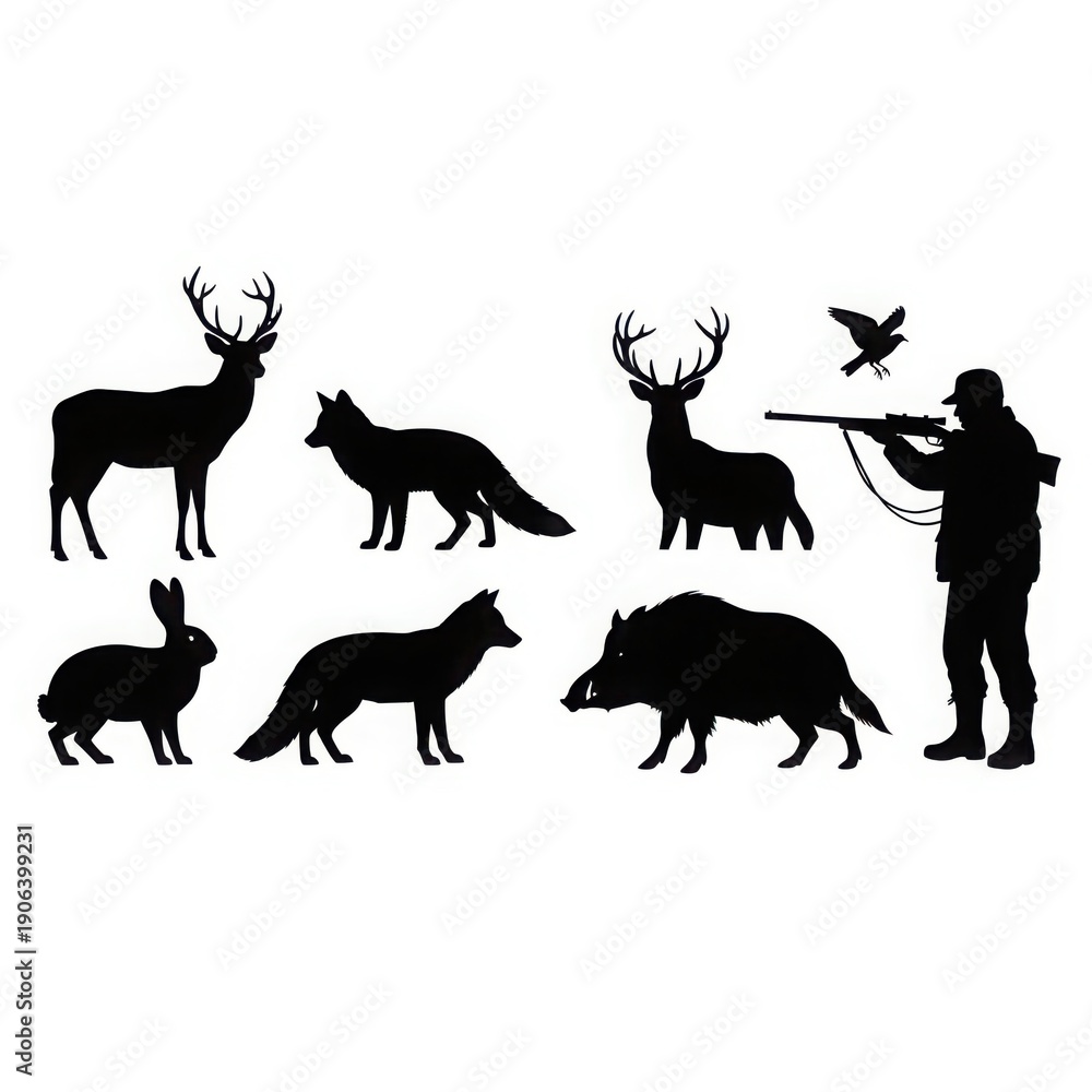 Fototapeta premium Silhouettes of hunters and wildlife in a forest setting with a bird flying overhead