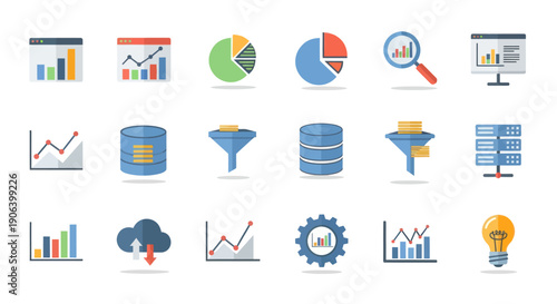 Colorful Flat Design Data Analytics and Business Intelligence Icons Set.