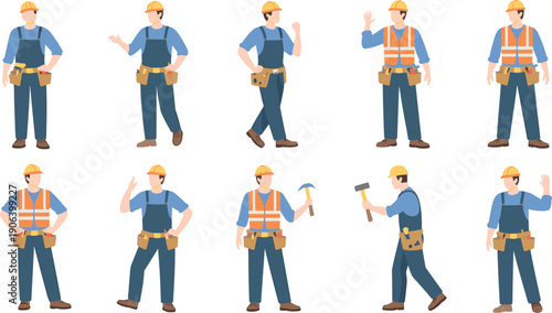Construction worker character poses vector illustration set showing builder wearing safety helmet vest using tools gesturing walking isolated on white background