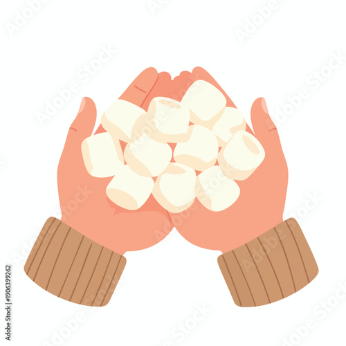 Hands holding marshmallows in a warm and cozy winter scene illustration