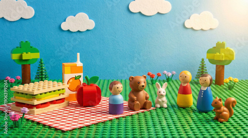 Toy Figures Having a Picnic on a Grassy Brick Park Diorama