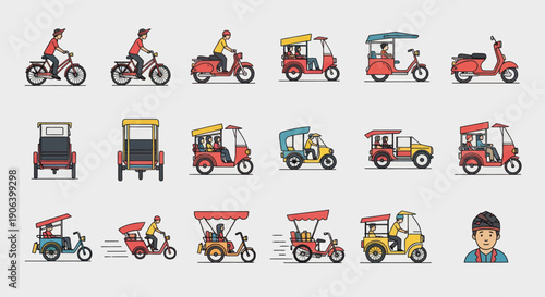 Collection of colorful tuk-tuks and scooters with drivers in various poses.