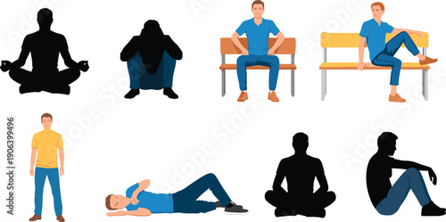 Male sitting standing and lying poses vector illustration set showing meditation relaxation sadness thinking body language people isolated on white background