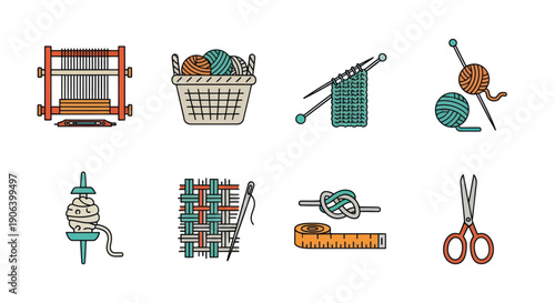 Colorful Crafting Tools and Materials Icons Collection.