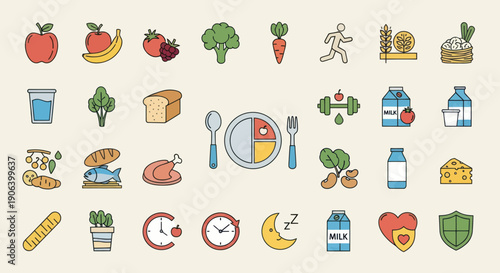 Colorful Illustrated Icons Depicting Healthy Eating and Lifestyle.