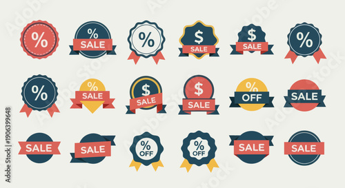 Collection of Colorful Sale Badges and Stickers with Ribbons and Percentage Signs.