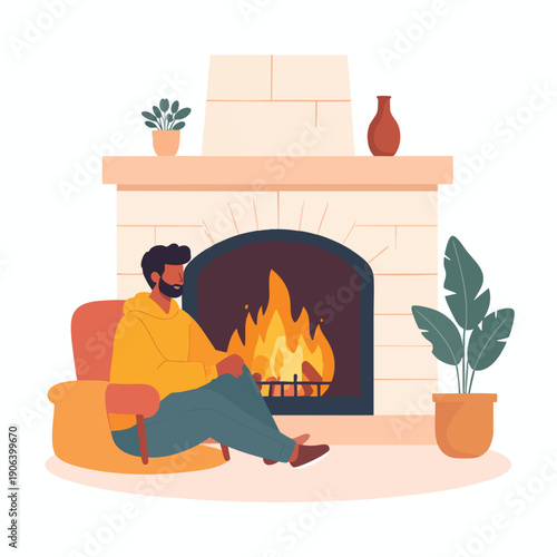 Man relaxing in a cozy chair by a warm fireplace in a serene living room environment from a slightly elevated viewpoint