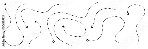Abstract dotted arrow paths direction . Minimal abstract  of dotted arrows showing movement, direction, and flow, useful for navigation concepts, process visualization, and design backgrounds.