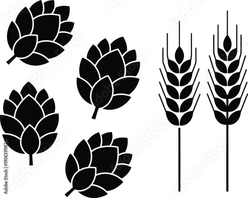 Hops and Wheat Grain Silhouette Icon Set
Stylized Black Silhouettes of Hops and Barley for Brewing Ingredients