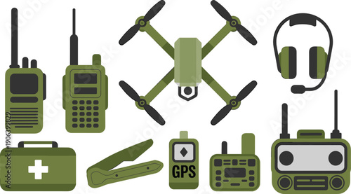Olive green military tactical equipment vector illustration featuring radios, drone, GPS, headset, knife, first aid kit, survival tools, field gear