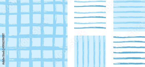 Blue hand drawn seamless pattern set. Baby nursery stripes brush stroke and gingham grid for a male pastel theme. Paint abstract streak seamless backdrops set. Vector lines and plaid patterns.