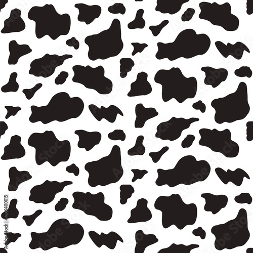 Seamless pattern with varied cowhide blobs. Uneven black patches and mini amoeba shapes background. Simple holstein animal print. Monochrome amoeba spotty dash. Vector cow pattern illustration.