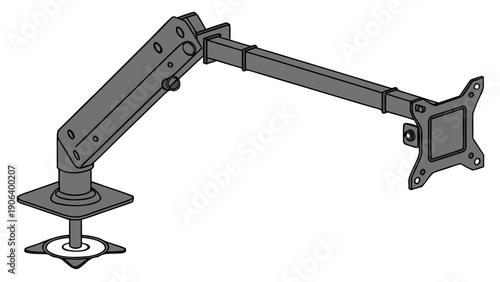 A vector graphic illustration of a monitor arm mount with adjustable arm and base