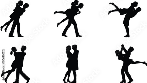 Silhouettes of six romantic couples in various poses, embracing, lifting, dancing, symbolizing love, affection, intimacy, relationships, romance, and connection