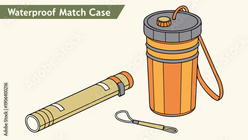 A vector graphic illustration of a waterproof match case and accessories for outdoor use