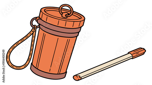 A vector graphic illustration of a wooden match bucket with a matchstick