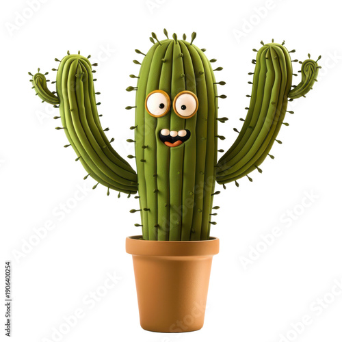 A cartoon-style cactus character smiling in a cute pot