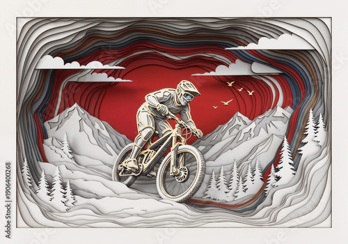 Multi-layered surreal illustration of a mountain bike . Generative AI