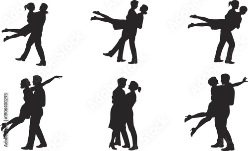 Silhouettes of six romantic couples in affectionate poses, lifting, holding, embracing, symbolizing love, intimacy, passion, relationships, unity, bonding, and harmony
