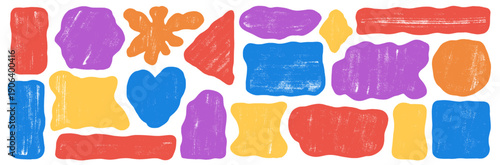 Crayon wavy heart, oval, rectangle shapes for kids design. Organic textured rhombus frames with a square and irregular block forms. Hand-drawn text box, scribble rectangular set. Pastel stickers bg.